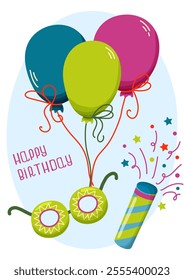 Happy birthday illustration featuring balloons, party glasses, a confetti popper, and vibrant decorations. Perfect for greeting cards, invitations, or festive social media posts