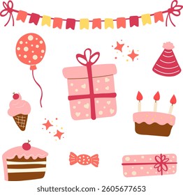 Happy Birthday illustration with festive gift boxes, balloons, cakes, candy, and decorations. Ideal for birthdays, baby showers, weddings