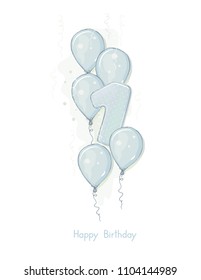 Happy Birthday Illustration. First Birthday Hand Drawn Vector Card with Blue Lovely Flying Balloons. Balloon of Number One Shape. Watercolor Style Design. Flying Blue Balloons on a White Background.