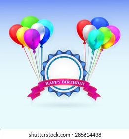 Happy Birthday. Illustration greeting card with balloons and ribbon. EPS 10