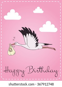 Happy Birthday illustration hand drawn.Stork brings baby. Vector