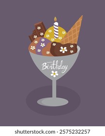 Happy Birthday Illustration Ice Cream Corn and Chocolate Bar Taste