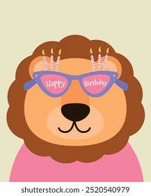 Happy Birthday Illustration with Lion Wear Sunglasses and Candles