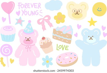 Happy Birthday illustration with teddy bear, party hat, cupcake, cake, candy, donut, pink ribbon, star for birthday card, party, cafe, restaurant, menu, recipe, baking, cartoon, kids, toddler, sticker