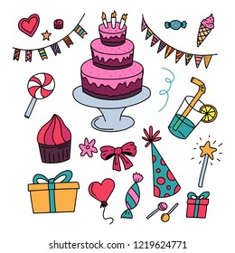 Happy Birthday illustrations drawn by hand in simple doodle style