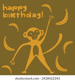 HAPPY BIRTHDAY ILUSTRATION, MONKEY DANCING WITH A BANANAS ALL AROUND.