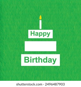 Happy birthday inscription on a cake with a candle on a grassy green background.