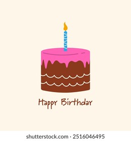 Happy birthday inspirational inscription. Vector quote. Birthday cake with candles, decorated with cream. Celebration card, invitation.