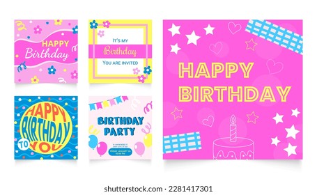 Happy Birthday instagram post templates. Isolated vector social media designs collection in 90's style