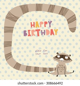  Happy birthday invitation background in pretty colors. Sweet card with raccoon.