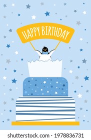 Happy birthday invitation. Boy birthday card with boy pinguin and big cake in blue colors.