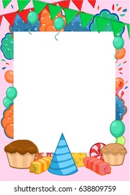 Happy Birthday invitation bright template with frame for text and colorful party elements vector illustration