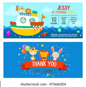 happy birthday invitation card with animal friends on ship set one