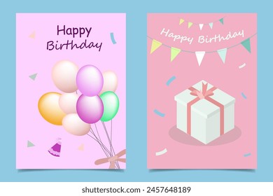 happy birthday invitation card with baloon gift box and sprinkle decoration in pink and blue pastel color.