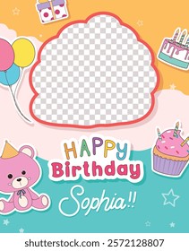 Happy birthday invitation card clipart template. Happy birthday greeting text with cloud blank space and party decoration elements clip art in colorful abstract background. Vector illustration bday 