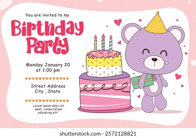 Happy birthday invitation card clipart template design. Birthday party text with cute purple standing teddy bear holding gift box and colorful hand drawn cake clip art elements. Vector illustration 