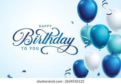 Happy birthday invitation card clipart background. Birthday greeting text and wishes clip art with floating blue balloons decoration elements vector illustration. 
