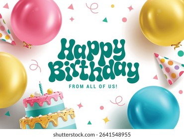 Happy birthday invitation card clipart design. Birthday greeting and wishes text wishes clip art balloons, cake and party hat decoration elements vector illustration. 
