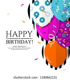 Happy Birthday invitation card with colorful balloons in flat style. Vector.