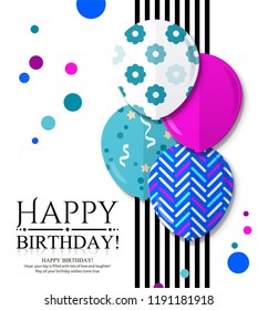 Happy Birthday invitation card with colorful patterned balloons in flat style. Black stripes and color dots on background. Vector.