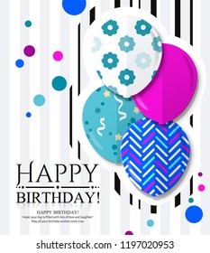 Happy Birthday invitation card with colorful patterned balloons in flat style. Black stripes and color dots on background. Vector.