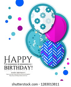 Happy Birthday invitation card with colorful patterned balloons in flat style. Vector.