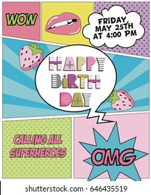 Happy Birthday invitation card with comic speech bubbles in pop art style. Vector illustration