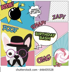 Happy Birthday invitation card with comic speech bubbles in pop art style. Vector illustration
