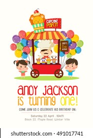 happy birthday invitation card with cupcake cart and cute friends
