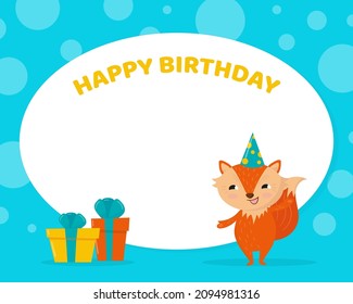 Happy birthday invitation card with cute fox animal and place for text vector illustration