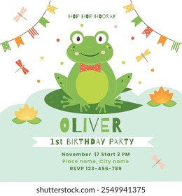 Happy birthday invitation card with cute frog.  Invitation card vector template.