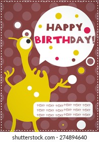 Happy birthday invitation card with cute monster, vector illustration