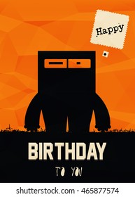 Happy birthday, invitation card with cute monster and chat bubble on polygon background, vector illustration