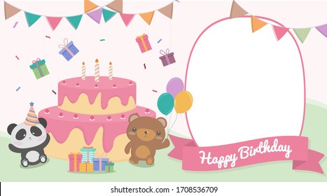 happy birthday invitation card design. vector illustration; birthday cake animal.birthday cute