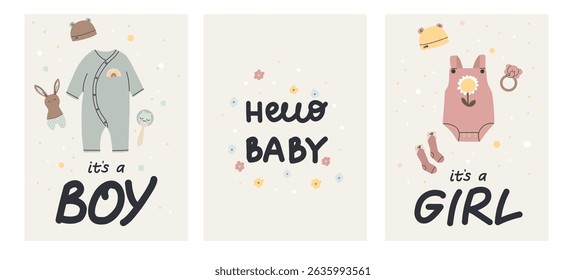 Happy birthday invitation. Card design. Pastel newborn party with clothes and toys. Cute poster or print. Decorative banners. Baby shower. Vector cartoon flat isolated illustration set