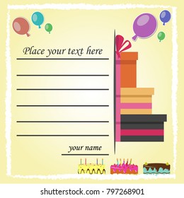 Happy birthday invitation card design with cake, gift box, balloons and text