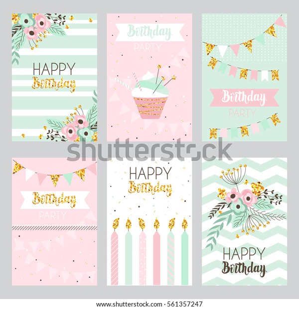 Happy birthday and invitation card with golden\
sparkle dots, flowers,  cake, candle . Illustration in vintage\
style, pastel colors,\
vector.