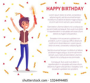 Happy birthday invitation card, man with firework in hand and text sample. Vector male cartoon character celebrating Bday party, smiling guy with flapper