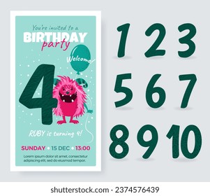 Happy Birthday invitation card with monster and different numbers.