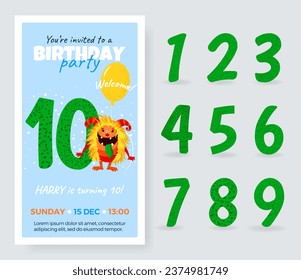 Happy Birthday invitation card with monster and different numbers.