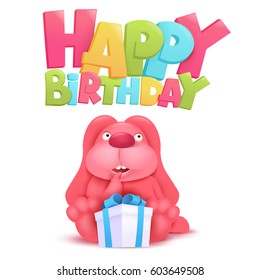 Happy birthday invitation card with ping bunny and gift box. Vector illustration