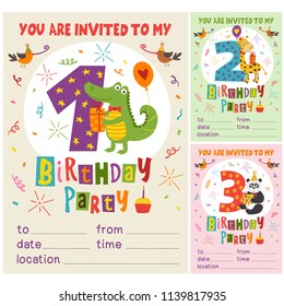 Happy Birthday invitation card template with funny animals from 1 to 3