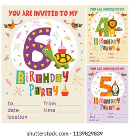 Happy Birthday invitation card template with funny animals from 4 to 6