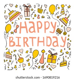 Happy birthday invitation card template. Hand drawn birthday elements.