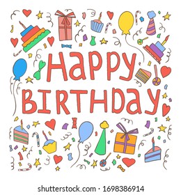 Happy birthday invitation card template. Hand drawn birthday elements.