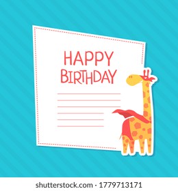 Happy Birthday Invitation Card Template with Cute Giraffe Superhero Animal Cartoon Vector Illustration
