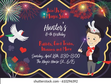 Happy Birthday invitation card template - with Magic Show illustration