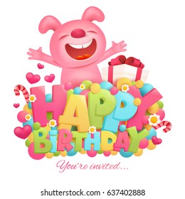 Happy birthday invitation card template with toy pink bunny emoji cartoon character. Vector illustration