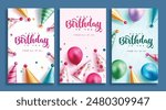 Happy birthday invitation card vector poster set design. Birthday greeting text with pattern party hat and colorful balloons for celebration invitation card collection. Vector illustration greeting 