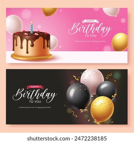 Happy birthday invitation card vector banner set design. Birthday greeting card with chocolate cake and balloons decoration elements for simple elegant poster collection. Vector illustration birthday 